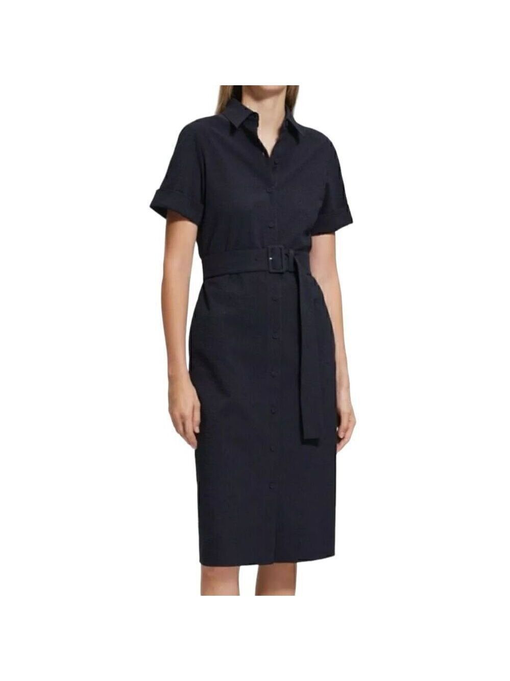 Theory Navy Blue Seersucker Dress Size Large * missing belt